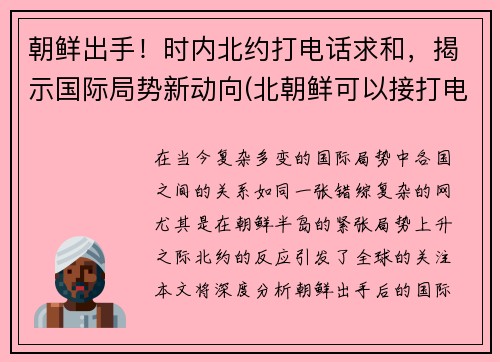 朝鲜出手！时内北约打电话求和，揭示国际局势新动向(北朝鲜可以接打电话吗)