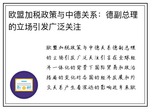 欧盟加税政策与中德关系：德副总理的立场引发广泛关注