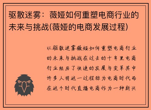 驱散迷雾：薇娅如何重塑电商行业的未来与挑战(薇娅的电商发展过程)