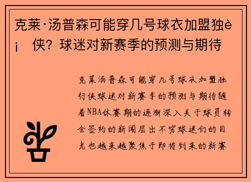 克莱·汤普森可能穿几号球衣加盟独行侠？球迷对新赛季的预测与期待