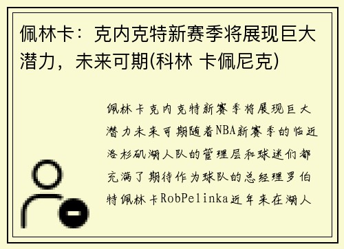 佩林卡：克内克特新赛季将展现巨大潜力，未来可期(科林 卡佩尼克)